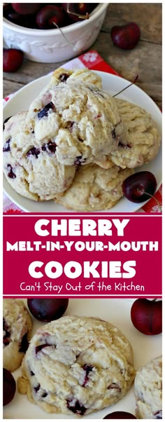 cherry muffins and cookies on a plate with cherries in the background