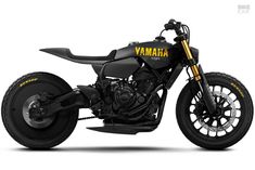 a black and gold yamaha motorcycle is shown on a white background with the words yamaha written across it