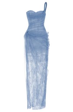 One Shoulder Lace Corset Maxi Dress Blue DESIGN: Color: Blue One shoulder design Sleeveless Bustier detail Lace insert Structured design Draped design Exposed zipper at back Gentle Dry Clean Only Length: Maxi. Ankle-length MATERIAL: Polyester + Cotton + Silk Delicate sewing and hemming by durable needle lockstitch machine. YKK zipper (known as the most durable and reliable zippers manufactured today). To maintain the beauty of your garment, please follow the care instructions on the attached label. Colour may vary due to lighting on images. The product images (without model) are closest to the true color of the item.     * Order one size up for a relaxed fit. * Pay special attention on measurements to ensure proper fit. * If you are between two sizes the larger one is recomm White Dress With Blue Corset, Light Blue Dress Gold Accessories, Beaded Blue Dress, Vivienne Westwood Blue Dress, Draped Corset Dress, One Shoulder Blue Dress, 2025 Dress Trends, Y2k Blue Dress, Something Blue Dress