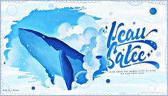 a blue and white poster with a dolphin in the water on it's side