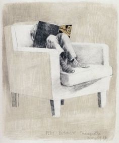 a drawing of a person sitting in a chair with a book on their head and legs