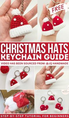 christmas hats keychain guide with instructions to make them look like they are knitted