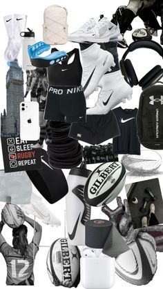 a collage of various sports items including shoes, hats and backpacks is shown