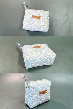 three different views of the same zippered pouch with gold and white flowers on it