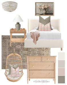 a bedroom design board with neutrals and pastel tones, including bedding, pillows, lamps, rugs