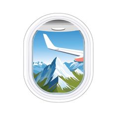 an airplane window with the view of mountains and trees on it, as well as a plane