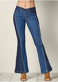 two tone jeans Dressy Denim, Two Tone Jeans, High Waisted Jeans Outfit, High Waisted Boyfriend Jeans, Side Tie Top, Best Jeans For Women, Elastic Waist Jeans, Double Hoop Earrings, Purple Jeans