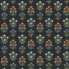 a black background with colorful flowers and leaves on the bottom right corner is an orange, red, white, and blue flower pattern