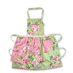 a green and pink dress with flowers on the front, two straps at the waist