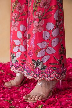 Buy Pink Dupion Silk Print Floral Sweetheart Neck Blazer And Pant Set For Women by Shachi Sood Online at Aza Fashions.