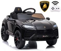 an electric lamb suv with remote control and steering wheel, is shown in front of a white background