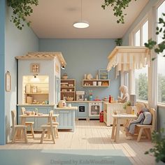 a child's play kitchen with blue walls and wooden floors