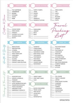 the printable family packing list is shown in pink, blue and green with arrows