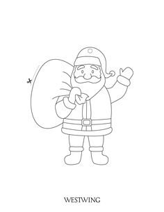 a black and white drawing of a santa clause holding a sack with the words westwing written on it