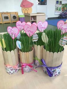 there are some grass in the vases with hearts on them, and one is made out of sticks