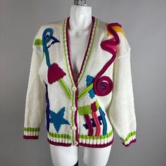 Vtg 80s Cristina Vibrant Geometric Neon Squiggle Cardigan Sweater Size Medium  | eBay Funky Sweaters, 80s Clothes, Geometric Fashion, 80s Sweater, 80s Outfit, Brands Outlet, Cardigan Sweater, Sweater Outfits, Sweater Cardigan