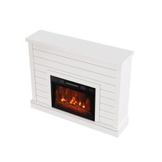 an electric fireplace with white siding and flames on the sides, against a white background