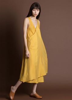 KAAREM - Papen Sleeveless Wrap Layered Midi Dress - Lemon Linen Inspiration, Yellow Linen Dress, Wrap Fabric, Modern Clothes, Dress Layered, Blind Stitch, Shiny Fabric, Midi Length Dress, Linen Dress