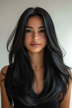 Black Hair Long Haircut, Subtle Haircuts For Long Hair, Cute Haircuts For Black Hair, Jet Black Hair Hairstyles, Haircuts With Black Hair, Medium Length Hair With Subtle Layers, Asian Jet Black Hair, Makeup Ideas For Black Hair, Hairstyles For Medium Length Black Hair