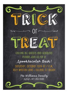 a chalkboard trick or treat party with the words trick or treat on it