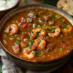 a bowl filled with soup and shrimp on top of a table