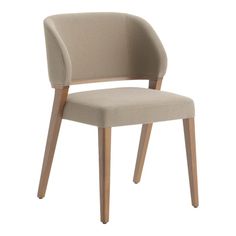 an upholstered chair with wooden legs and a beige fabric seat pad, viewed from the front