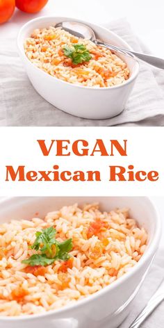 mexican rice in a white bowl with tomatoes on the side