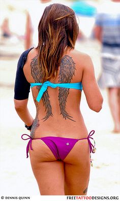 I wish I was brave enough for this tattoo. Seriously you need a bigger bikini though girl One Piece Bikinis, Fallen Angel Tattoo, Black Bikinis, Angel Tattoos, Tattoos Meaning, Angel Cherub, White Bikinis