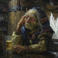 an old man sitting at a table with a glass of beer in front of him