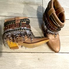 Handmade Boots. Studs, Feathers, Good Leather And Super Stylish. It Was Used Once Only. Flawless Feather Boots, Handmade Boots, Handmade Boot, Nice Leather, Moto Boots, Feathers, Womens Sizes, Size 7, Women Shoes