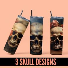 three skulls with roses on them and the words 3 skull designs in front of them