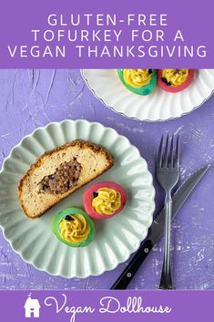 a plate with some food on it and the words gluten - free tofu turkey for a vegan thanksgiving