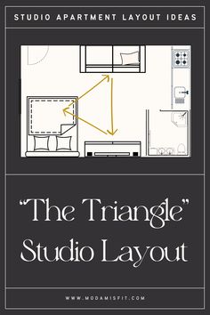 the triangle studio layout is shown in black and white, with an orange arrow pointing to it