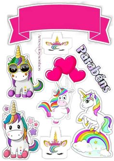 stickers with unicorns, hearts and balloons in pink on the bottom right hand corner