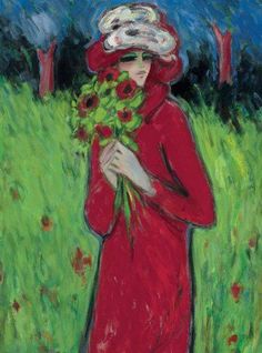 a painting of a woman in a red coat and hat with flowers on her hands