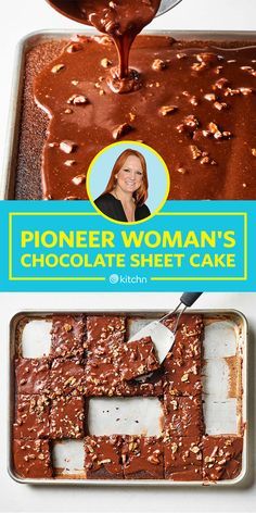 a woman's chocolate sheet cake in a pan with the cover pulled off and spooned out