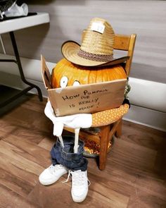 a wooden chair with a sign on it that says hoot pumpkin pie is silly