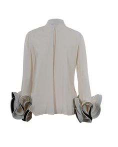 100% Viscose Luxury Long Sleeve Top With Ruffles, Designer Ruffled Tops For Evening, Designer Evening Tops With Ruffles, Designer Ruffle Tops For Evening, Luxury Spring Tops With Ruffles, Designer Fitted Silk Top, Luxury Spring Ruffled Top, Designer Fitted Tops With Ruffles, Luxury Ruffled Tops For Spring