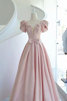 Pink Satin Prom Dress, Satin Long Prom Dress, Short Sleeve Prom Dresses, Prom Dress Pink, Hot Prom Dress, Pink Evening Dress, A Line Evening Dress, Pink Formal Dresses, Beautiful Prom Dresses