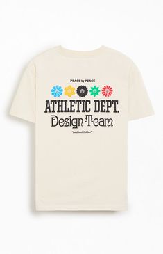 Show your team spirit with the Athletic Dept T-Shirt from Peace by Peace Studios. This tee features short sleeves, a crew neckline, and Athletic Department Design Team graphics on both the left chest and back for a cohesive, sporty look.Solid color teeShort sleevesCrew necklineCustom graphicsStandard fit100% cottonMachine washableModel is wearing a size mediumModel Measurements: 6'3” Height, 32” Waist, 34” Inseam Peace by Peace Studios Mens Athletic Dept T-Shirt - Ivory size Small Creative Department Tshirt, Sporty White T-shirt With Back Print, Sports T-shirt With Back Print And Crew Neck, Sporty Crew Neck T-shirt With Letter Print, Cream Screen Print T-shirt For Streetwear, Team Spirit Graphic Print Crew T-shirt, White Crew Neck T-shirt With Team Spirit, White Collegiate T-shirt With Graphic Print, White Collegiate Graphic T-shirt