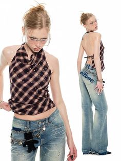 1Jin Plaid Halter Neck Crop Top - Women's Asymmetrical Hem Sleeveless Hollywood Inspired Outfits, Tank Top Drawing, Halter Top Back, Halter Tops Outfit, Backless Vest, Backless Tank Top, Halter Neck Crop Top, Outfits Y2k, Y2k Outfits