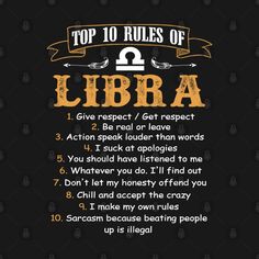 the top 10 rules of libra on a black background with an orange ribbon around it