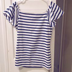 New With Tags. Navy And White Striped Flounce Sleeve Tee. Can Be Work On Or Off The Shoulder. Off The Shoulder Tee, Lauren White, National Anthem, Flounce Sleeve, Ralph Lauren Tops, Striped Shirt, Navy And White, Style Me, Off The Shoulder