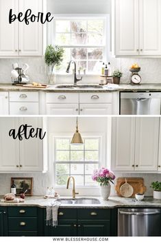 before and after photos of a kitchen with white cabinets, green countertops, and gold accents