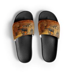 Golden Beach Women's Slides by Visual Verse - Image 1 Brown Slide Slippers For Summer, Brown Beach Slippers For Summer, Brown Summer Beach Slippers, Lightweight Slip-on Slides For Vacation, Brown Slide Flip Flops For The Beach, Comfortable Yellow Flip Flops For Beach, Yellow Open Toe Beach Slippers, Brown Slides For Vacation, Comfortable Gold Sandals For Summer