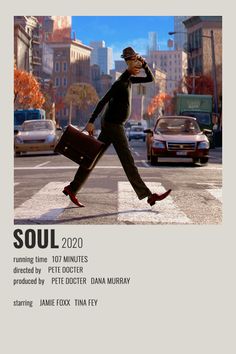 a man walking across a street holding a briefcase and talking on a cell phone with the words soul in front of him