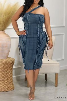 Lasaky - Chic Sleeveless Denim Dress with Backless Design and Stylish Oblique Collar Denim Dresses Online, Striped Print Dresses, Blue Jean Outfits, Sleeveless Denim Dress, Sleeveless Suit, Denim Dresses, Backless Design, Maxi Shirt Dress, Chic Casual