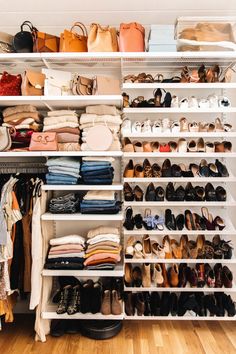 a closet filled with lots of shoes and handbags