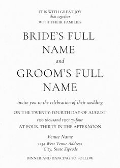 a wedding card with the words bride's full name and groom's full name