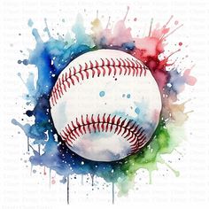 a watercolor painting of a baseball with paint splatters on the side and bottom